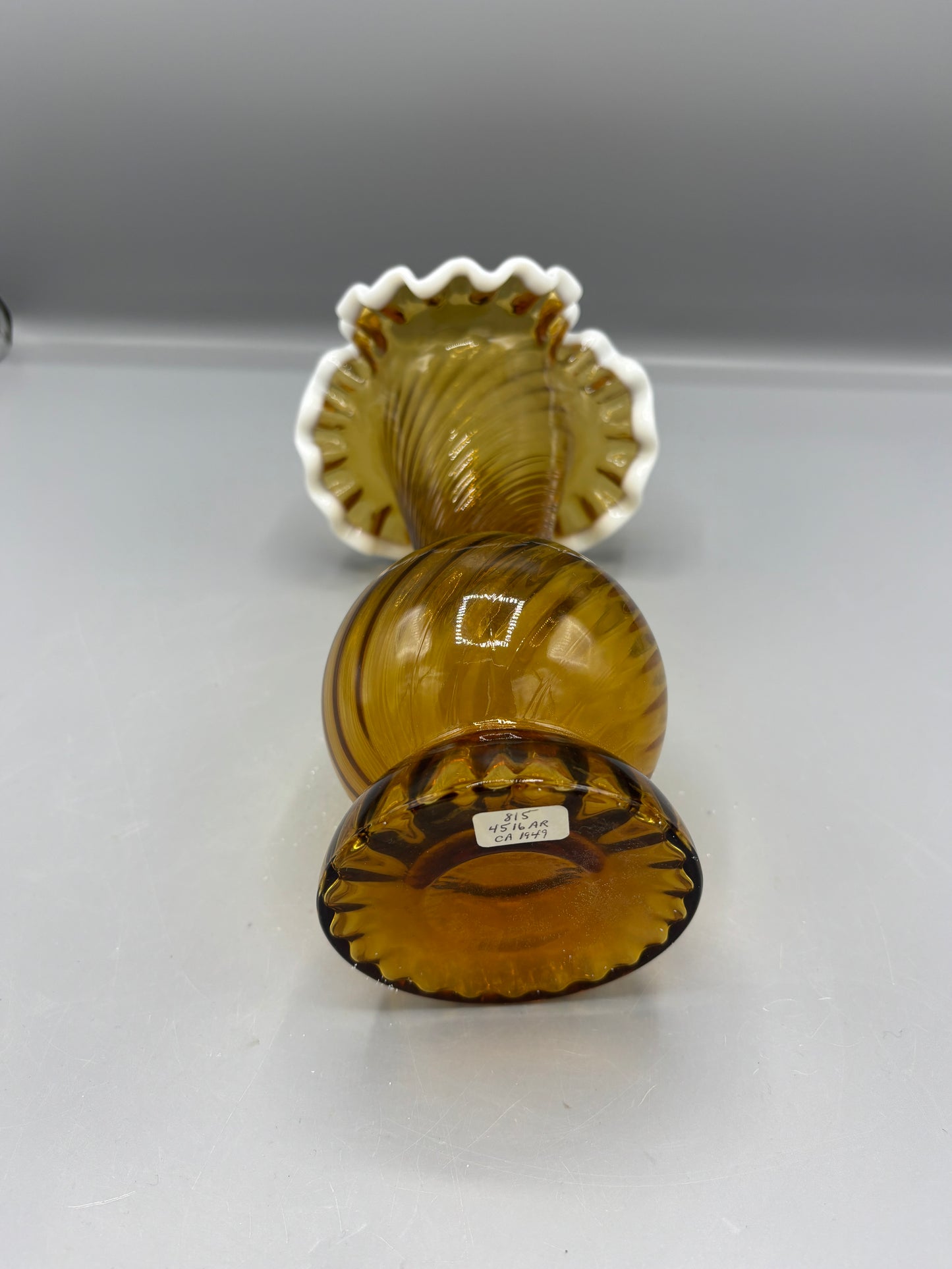Vintage Fenton  Amber spiral glass vase with opalescent snow crest