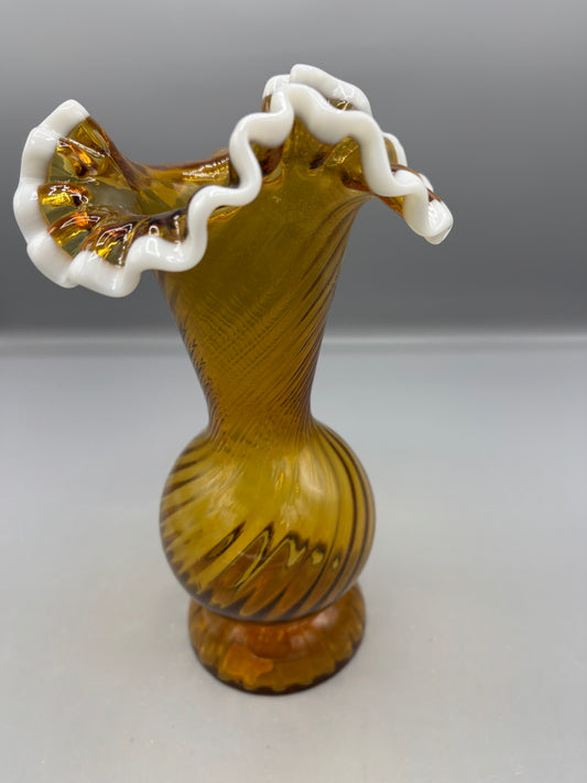 Vintage Fenton  Amber spiral glass vase with opalescent snow crest