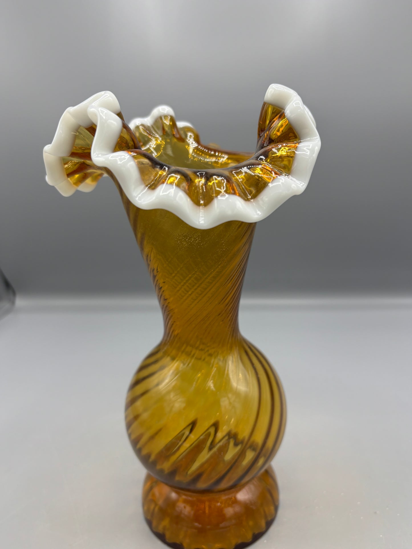 Vintage Fenton  Amber spiral glass vase with opalescent snow crest