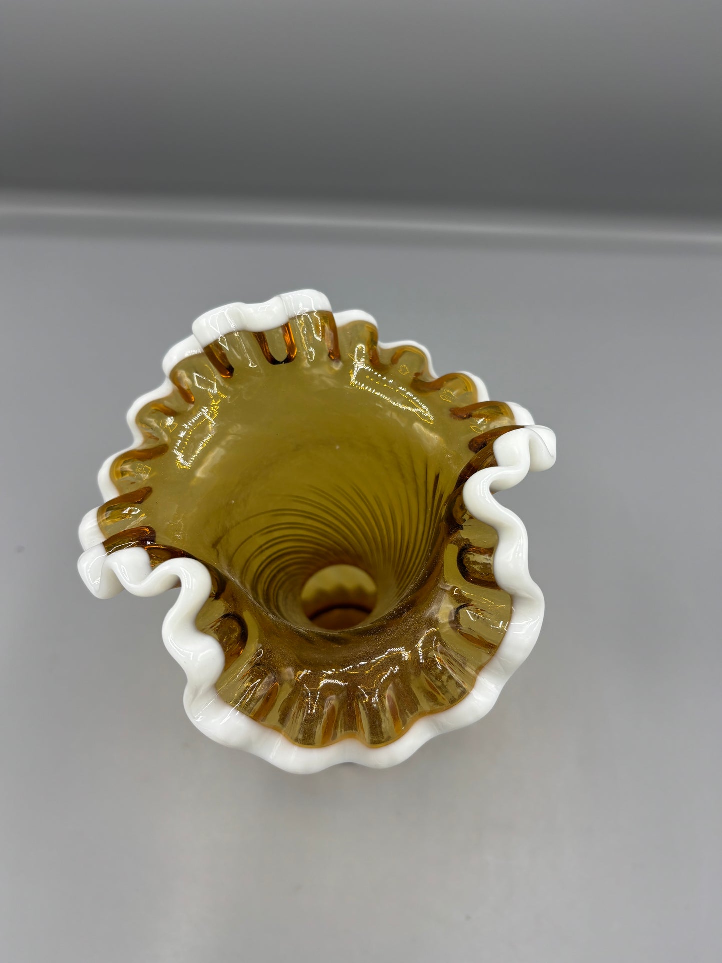 Vintage Fenton  Amber spiral glass vase with opalescent snow crest