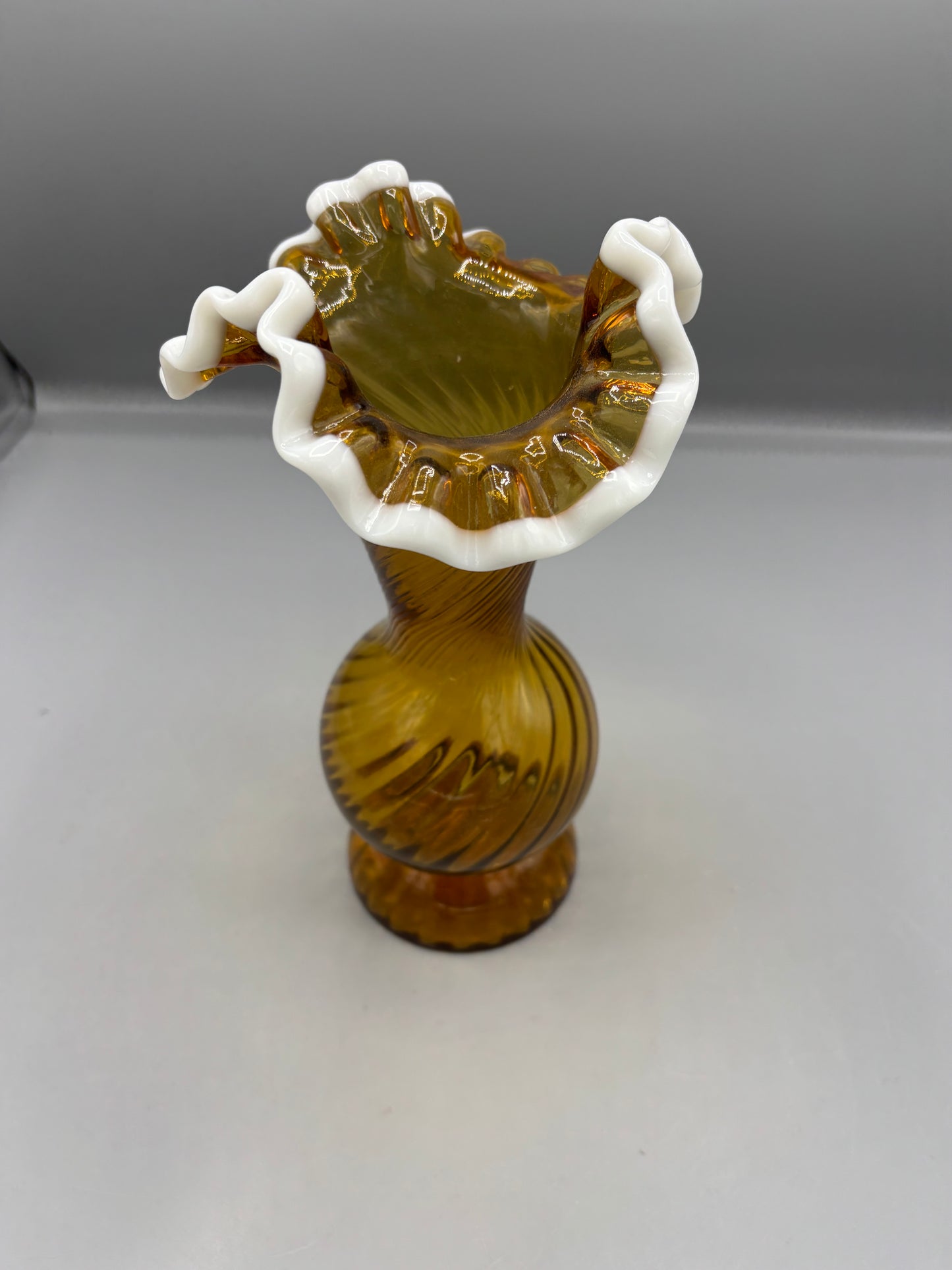 Vintage Fenton  Amber spiral glass vase with opalescent snow crest