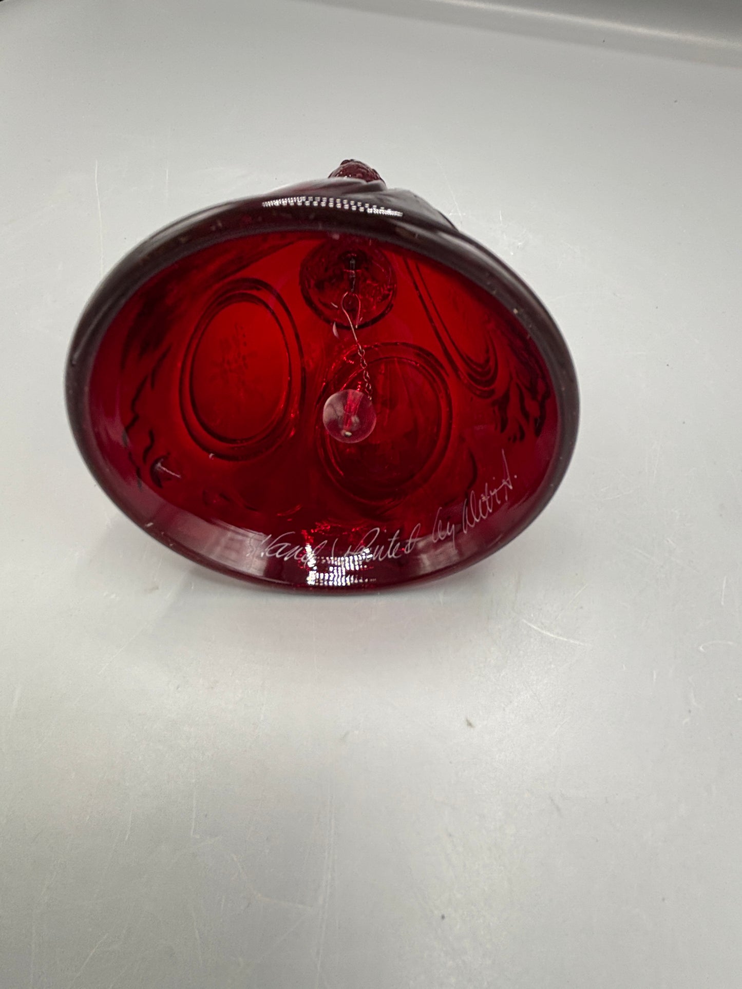 Vintage Signed F. Ruby Red glass bell with cabbage rose design
