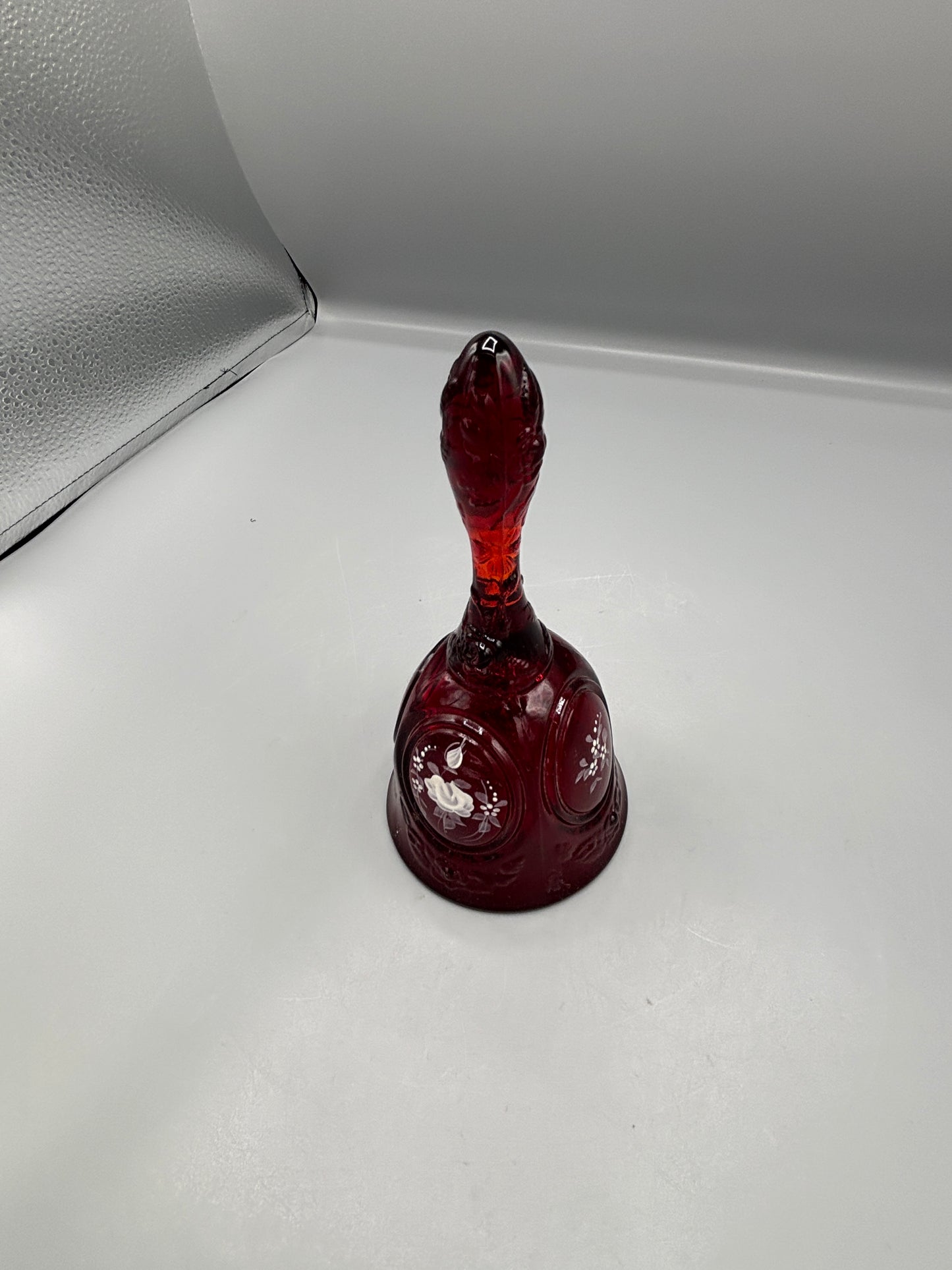 Vintage Signed F. Ruby Red glass bell with cabbage rose design