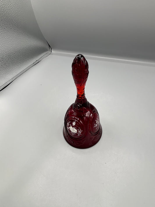 Vintage Signed F. Ruby Red glass bell with cabbage rose design