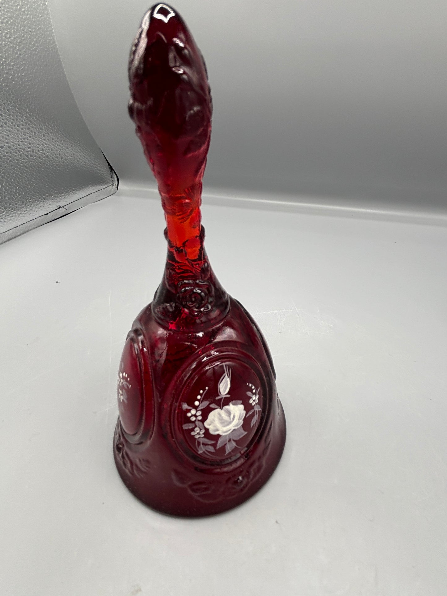 Vintage Signed F. Ruby Red glass bell with cabbage rose design