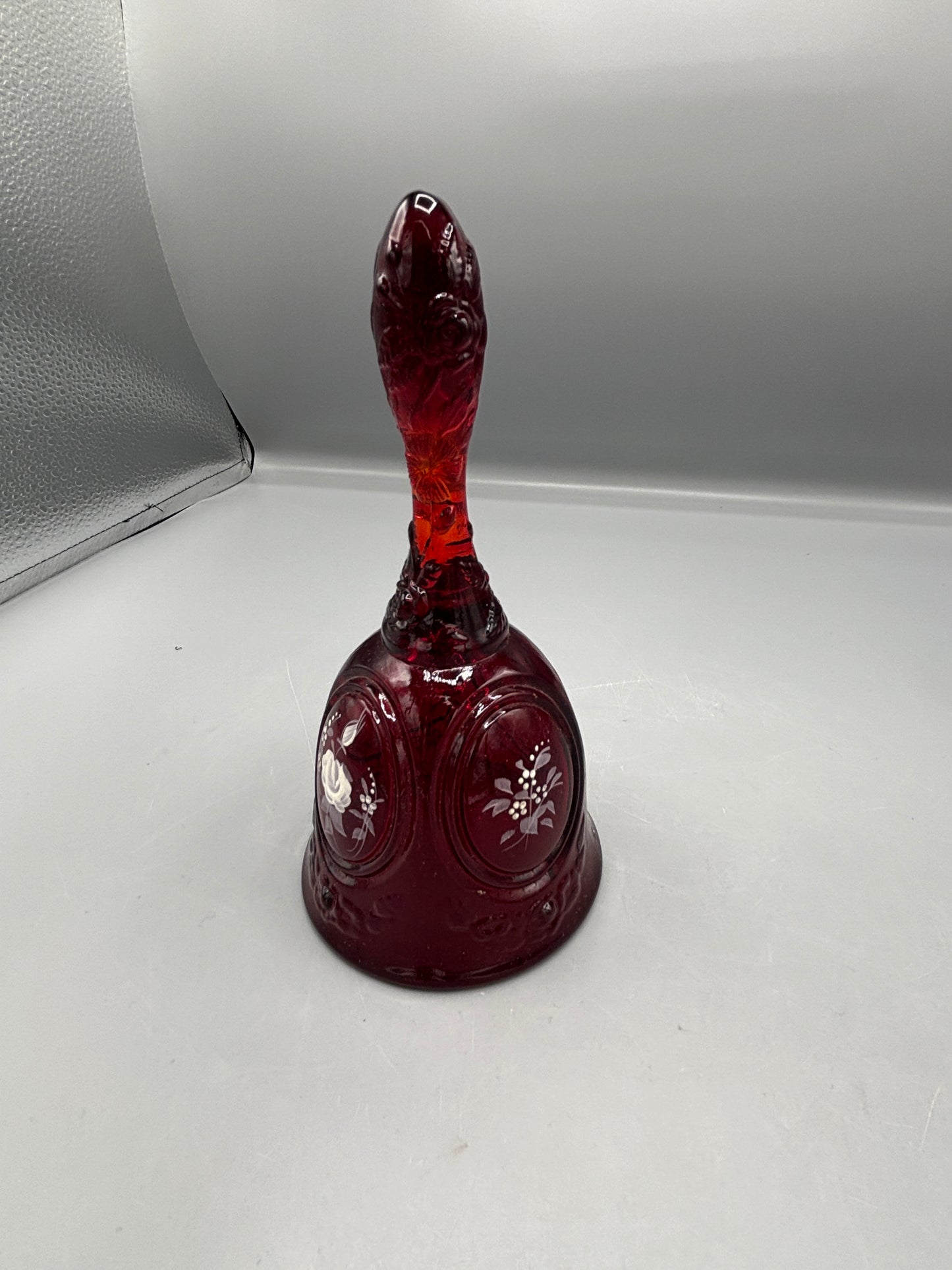 Vintage Signed F. Ruby Red glass bell with cabbage rose design