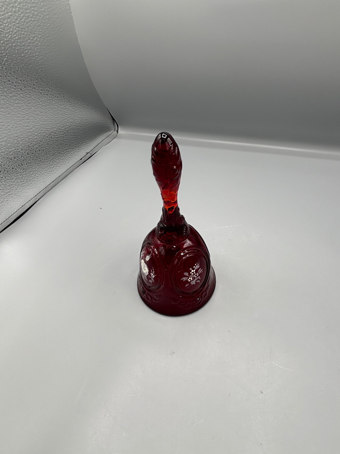 Vintage Signed F. Ruby Red glass bell with cabbage rose design