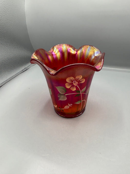 Fenton 100th anniversary ruby red stretch vase with flowers
