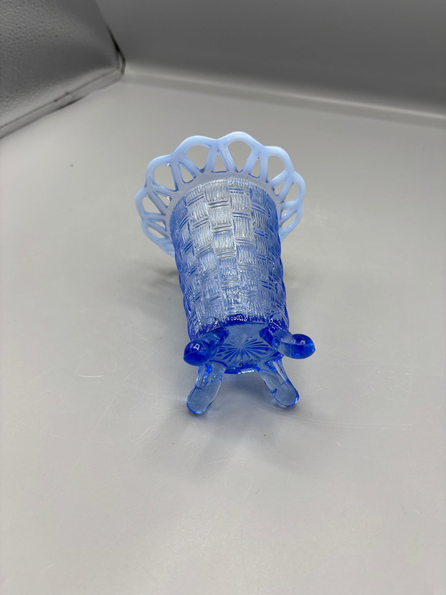 Fenton Blue Opalescent Basketville vase
