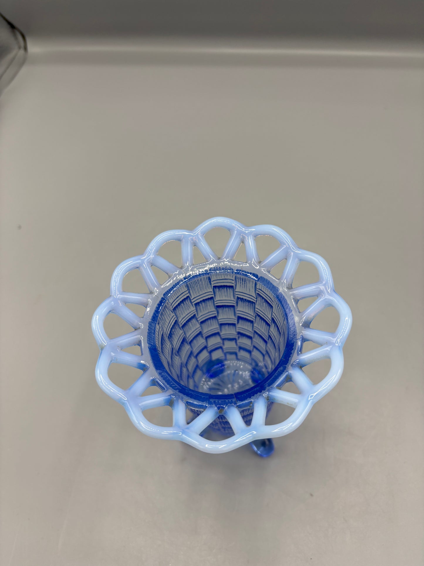 Fenton Blue Opalescent Basketville vase