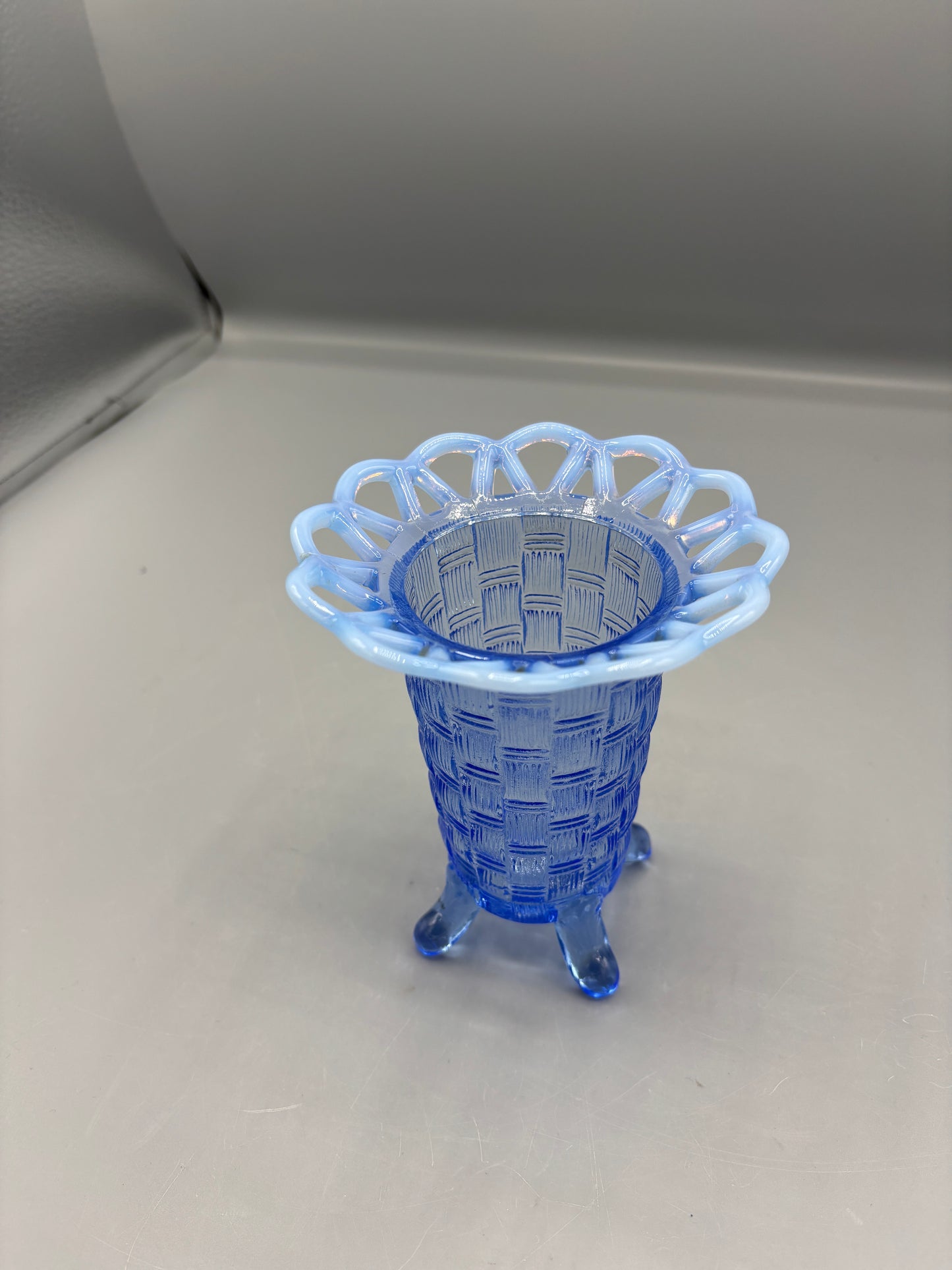Fenton Blue Opalescent Basketville vase