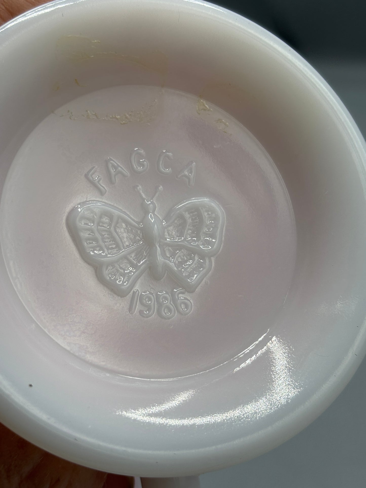 Fenton art glass Rosalene slag glass butterfly mug