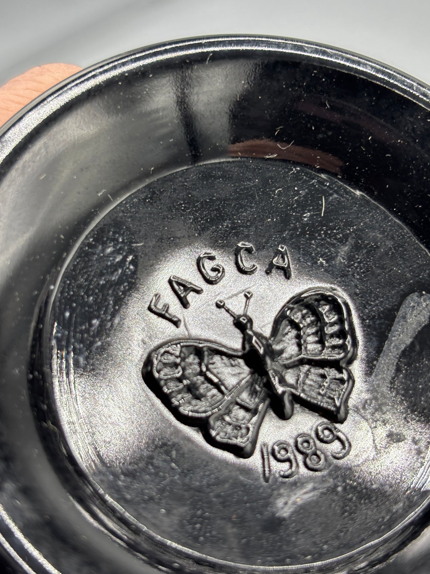 Fenton art glass black butterfly mug