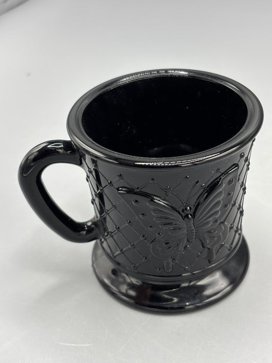 Fenton art glass black butterfly mug
