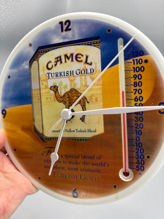 Camel Turkish gold promotional wall clock with thermometer