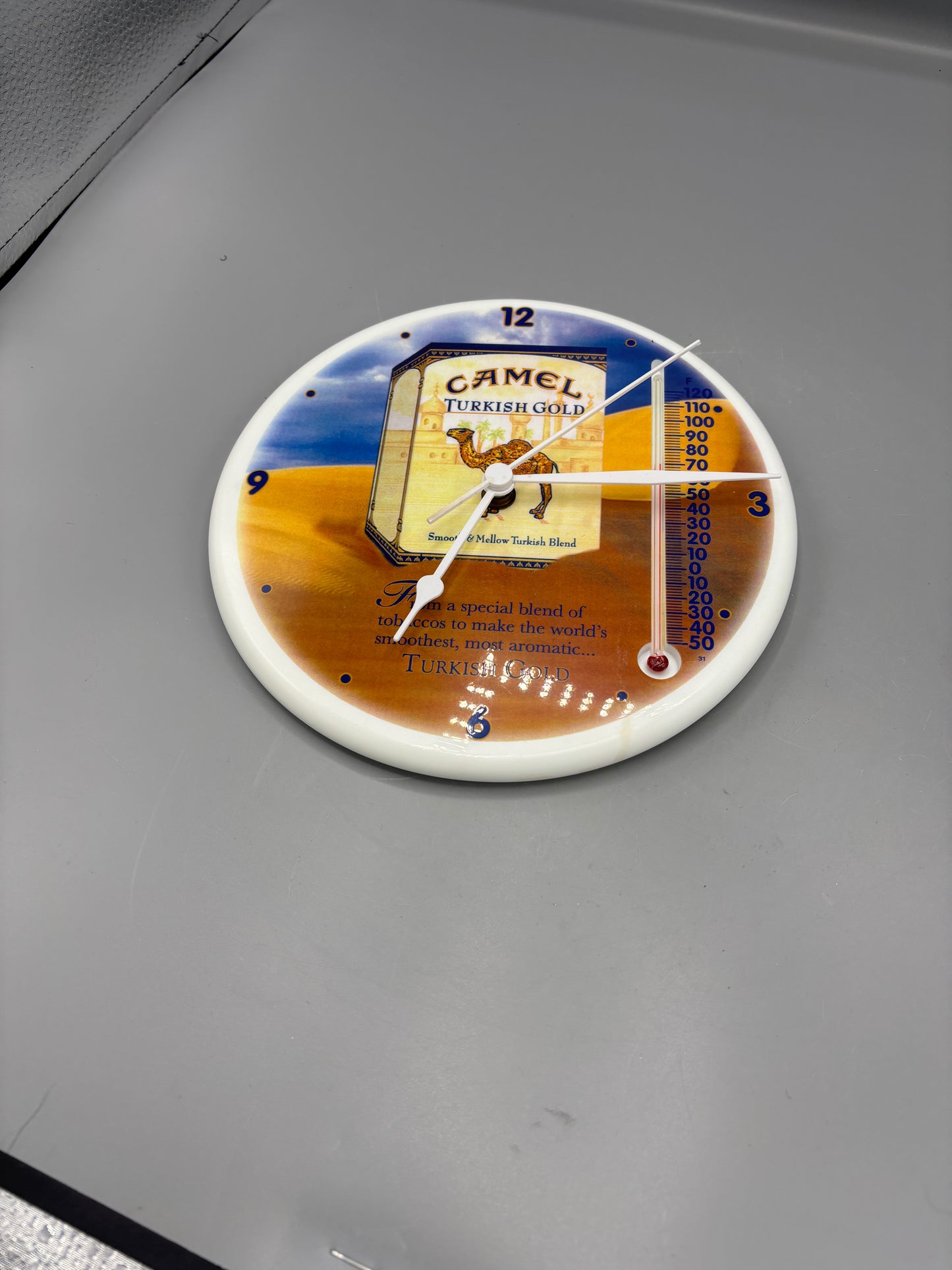 Camel Turkish gold promotional wall clock with thermometer