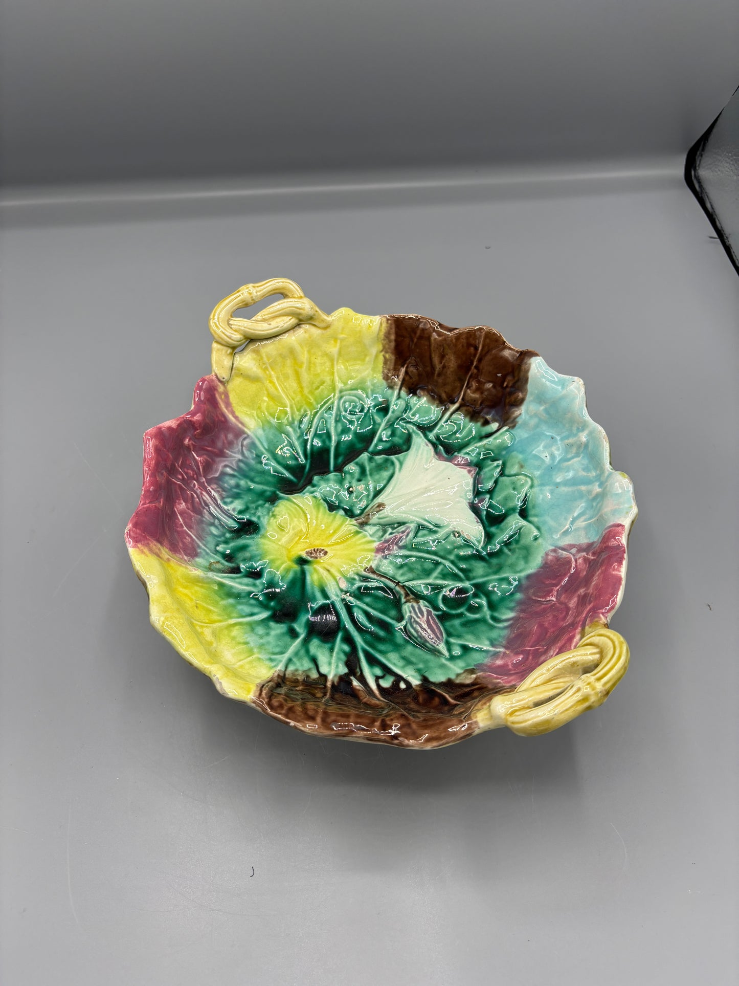 Majolica Morning Glory footed compote bowl