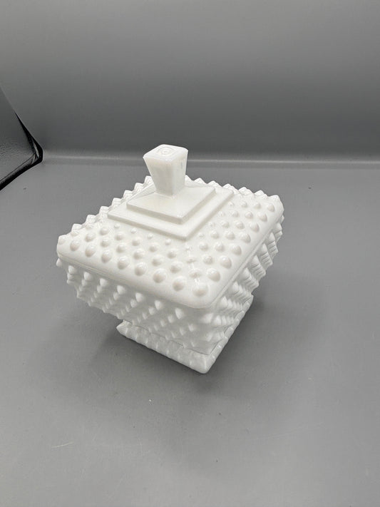Fenton hobnail milk glass lidded square footed jar