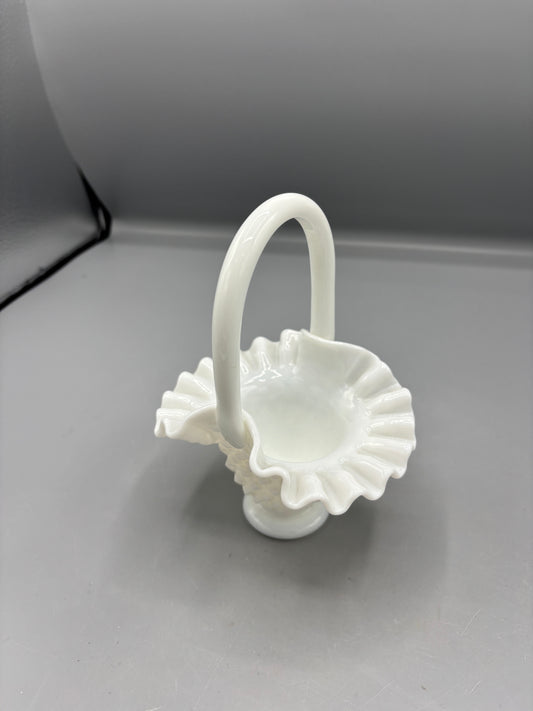 White Fenton hobnail basket with ruffled rim