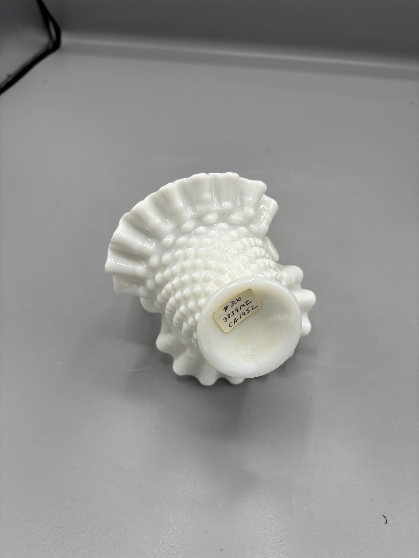 White Fenton hobnail basket with ruffled rim