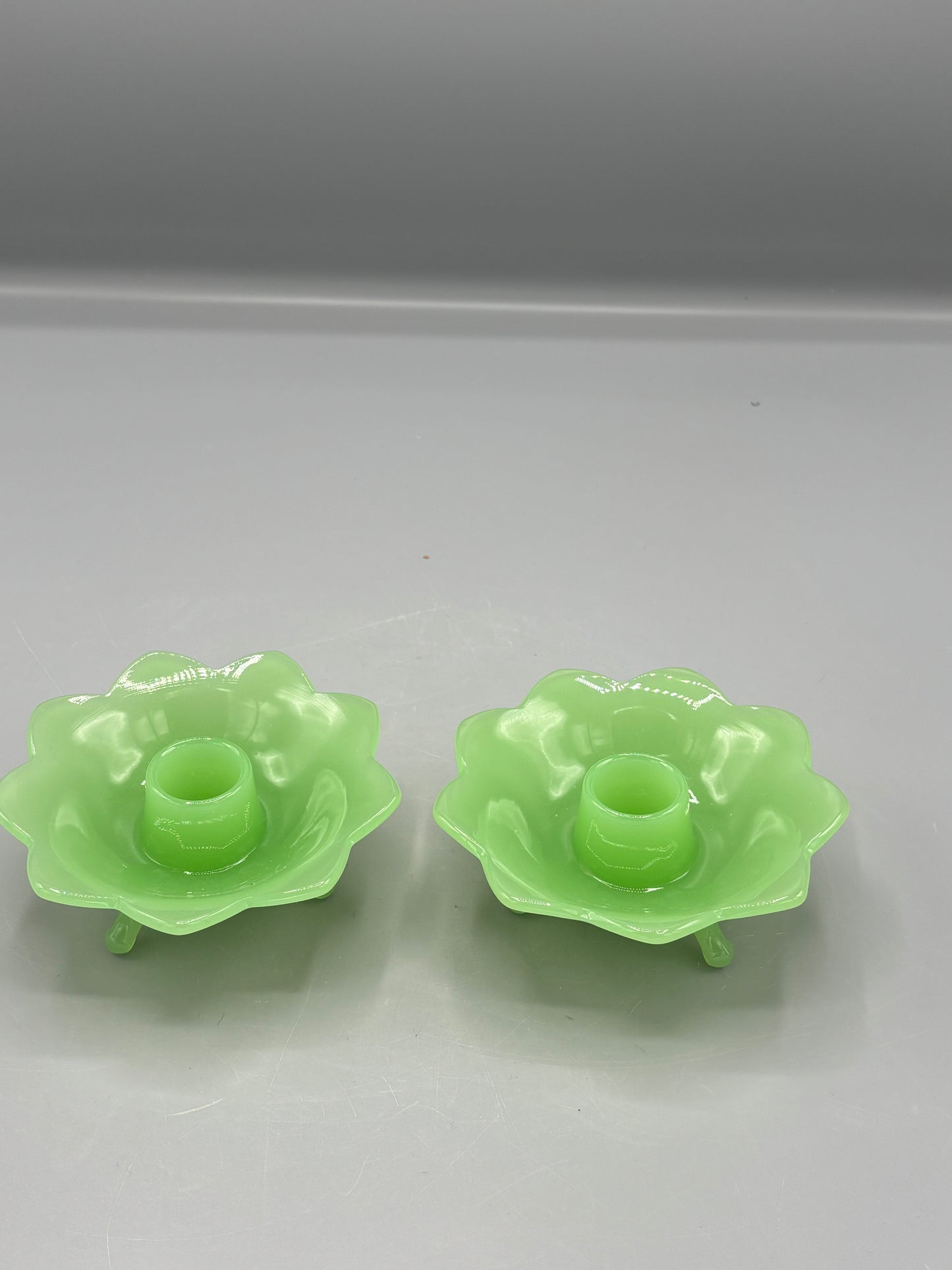 Pair of Vintage Jadeite green candle holders Fenton