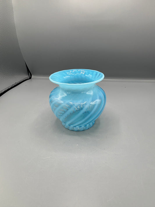 Fenton opalescent blue & white swirl optic glass vase