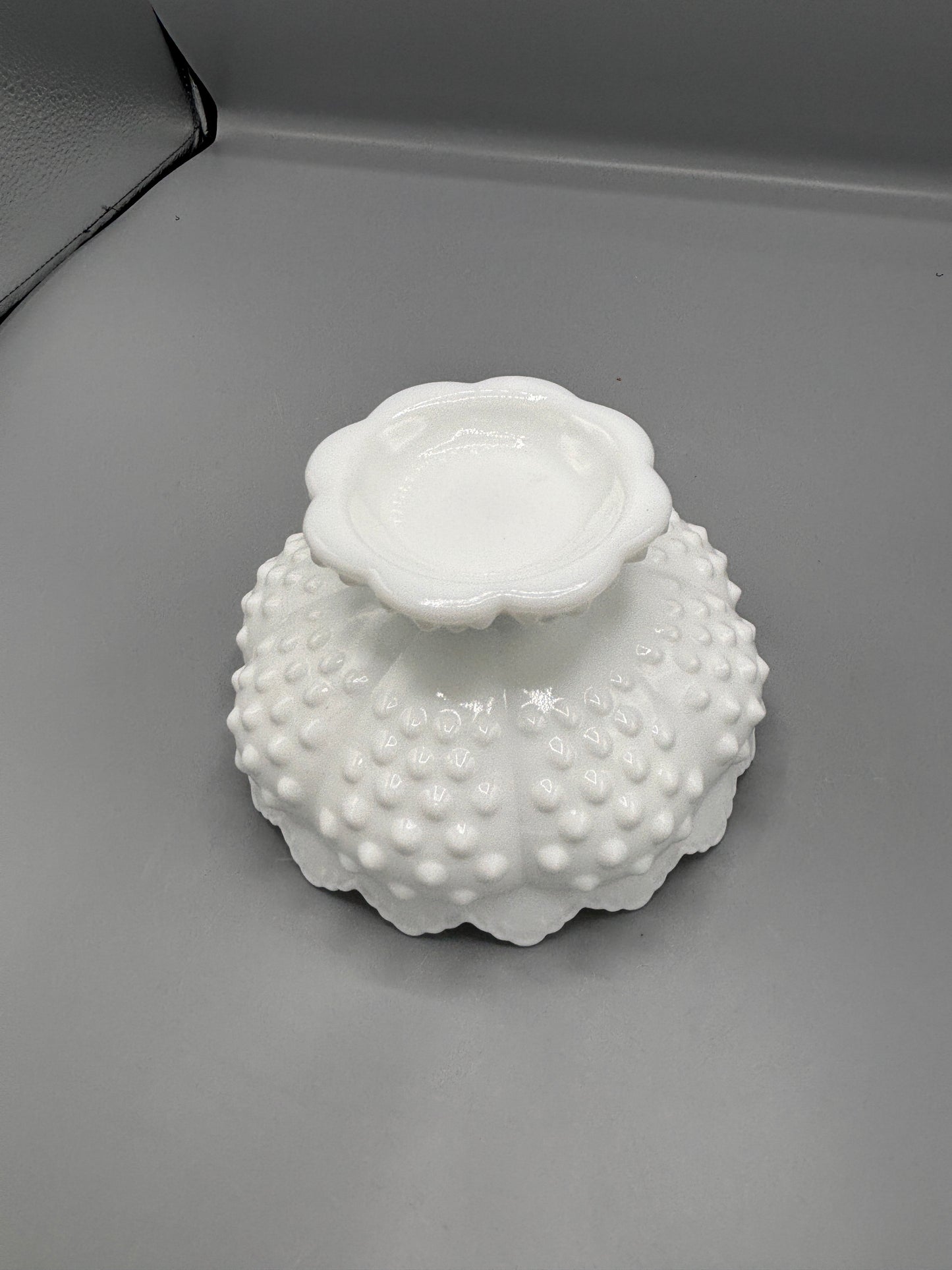 White Fenton hobnail milk glass footed taper candle holder