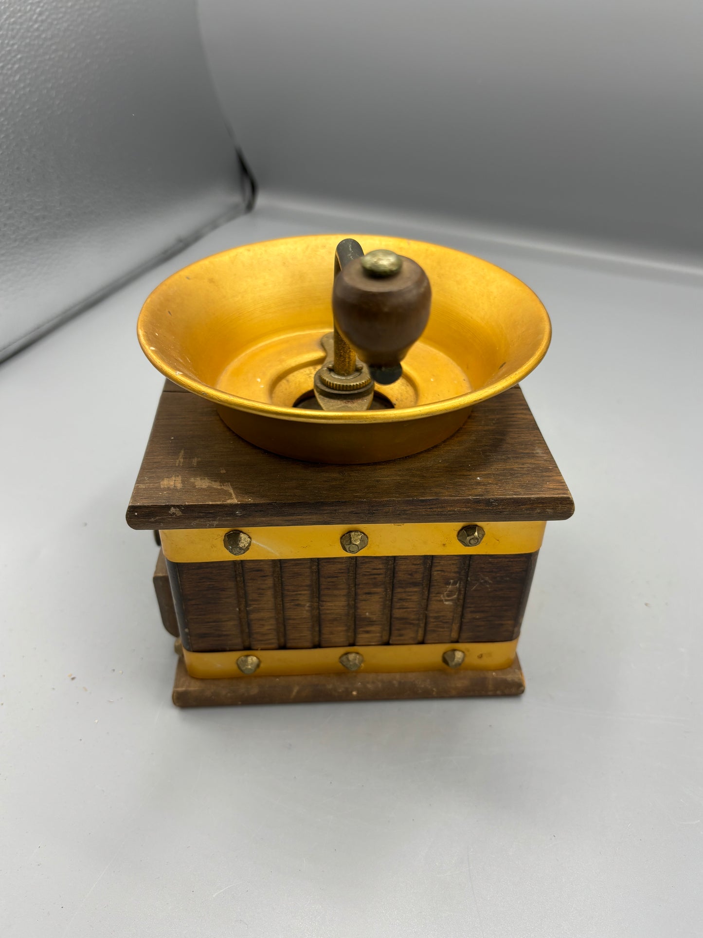 Vintage Manual coffee grinder with wood box base with copper hopper