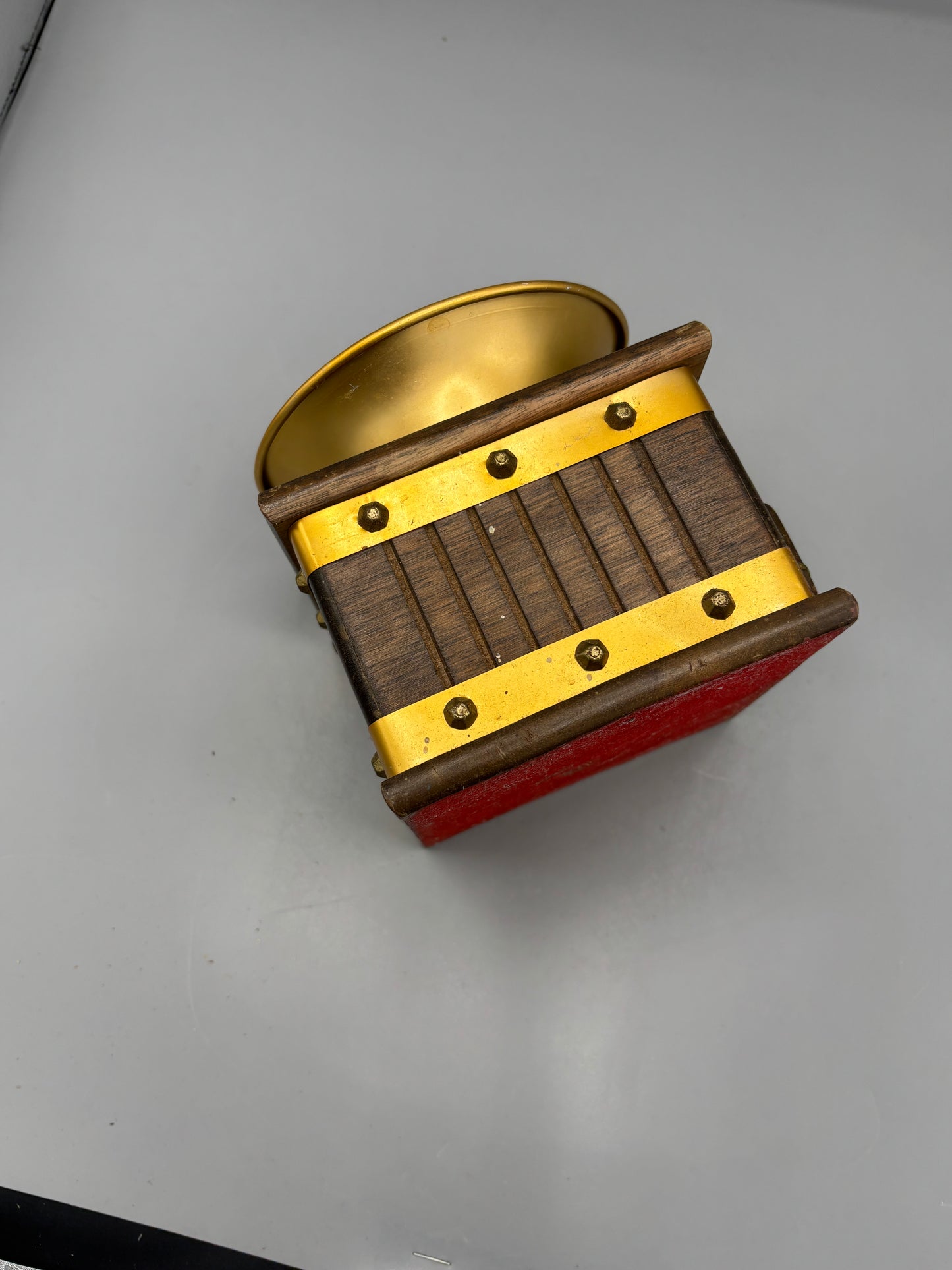 Vintage Manual coffee grinder with wood box base with copper hopper