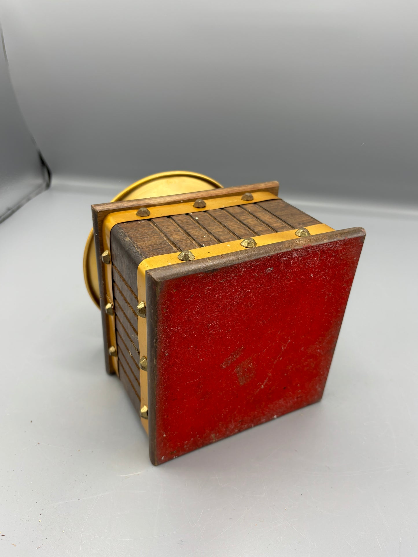 Vintage Manual coffee grinder with wood box base with copper hopper