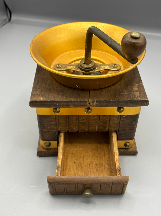 Vintage Manual coffee grinder with wood box base with copper hopper