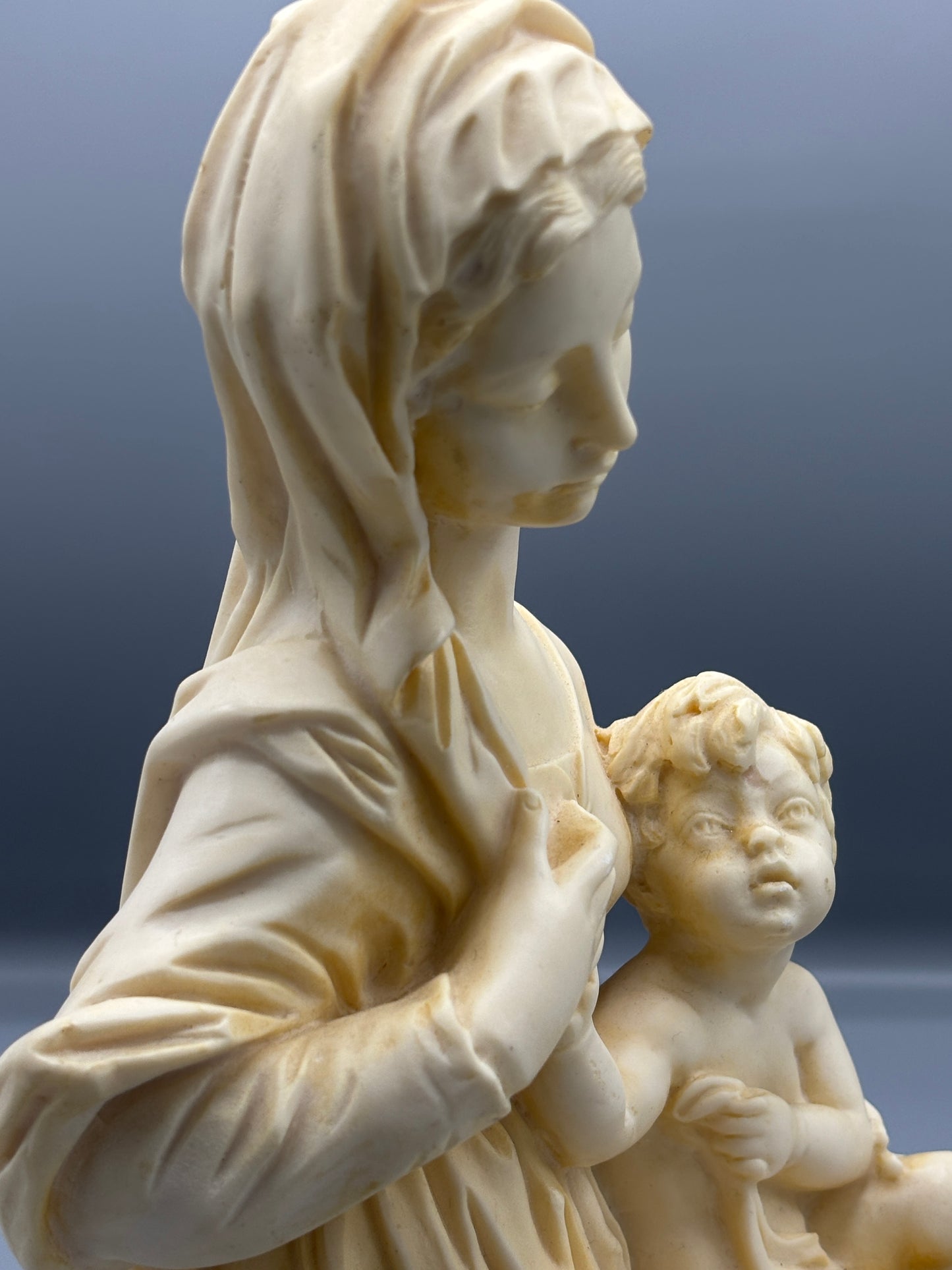 Vintage Santini Virgin Mary & Baby statue on stone base
