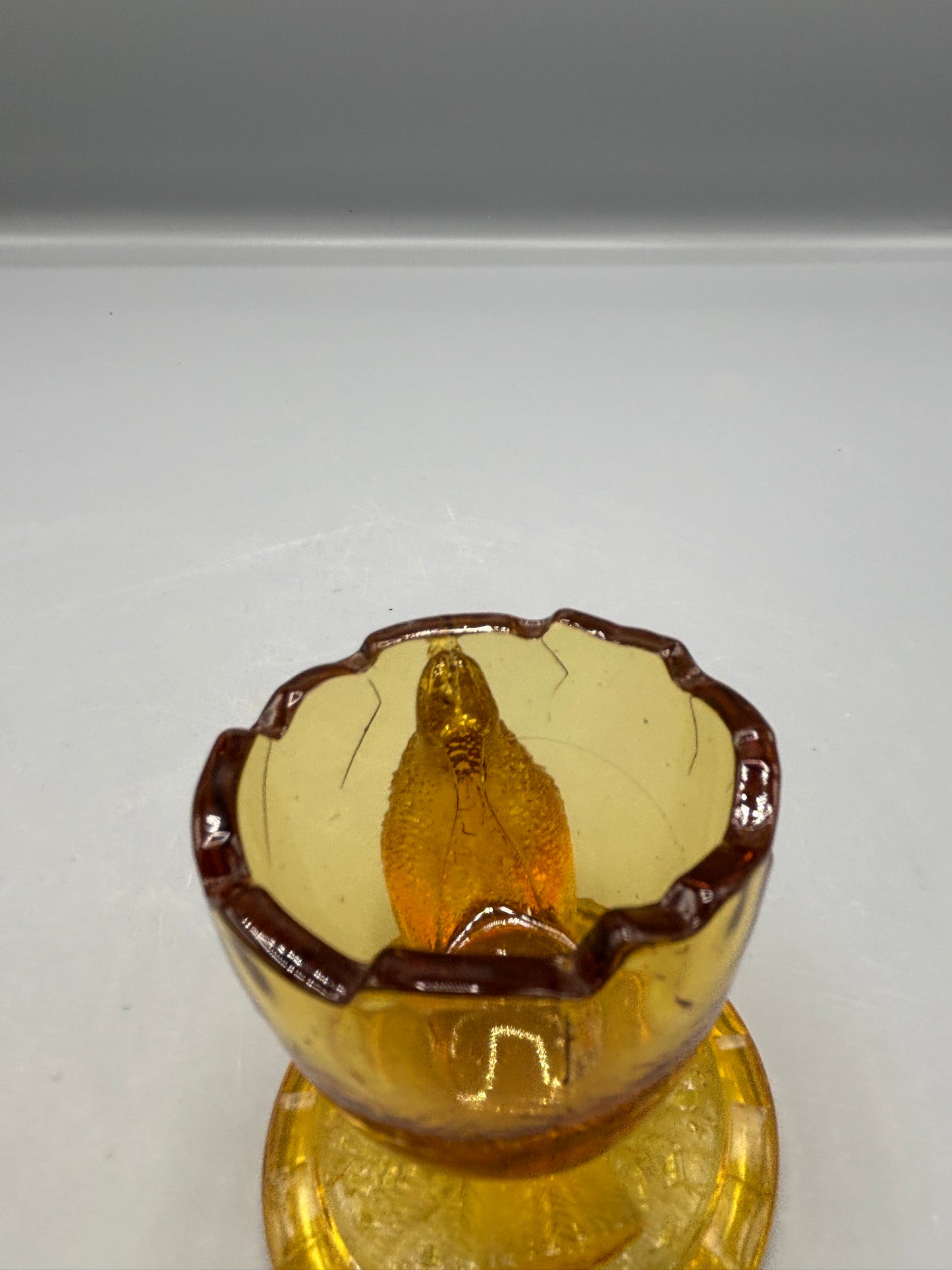 Viking Indianna glass Amber egg cup with bird toothpick holder