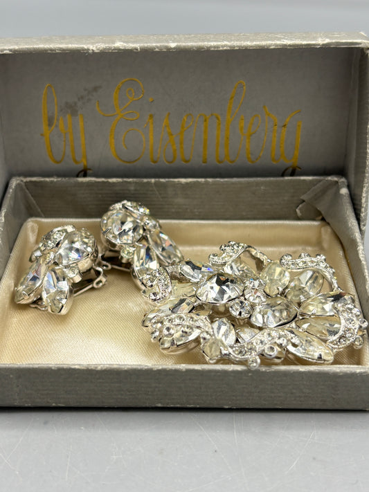 Eisenberg silver tone rhinestone brooch & clip on earrings