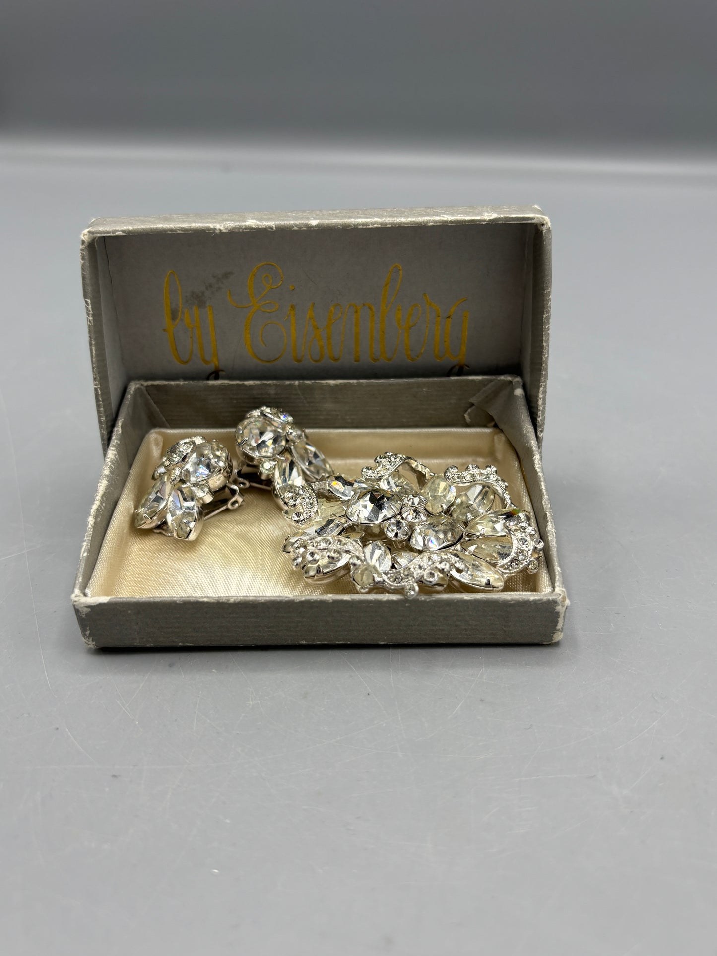 Eisenberg silver tone rhinestone brooch & clip on earrings