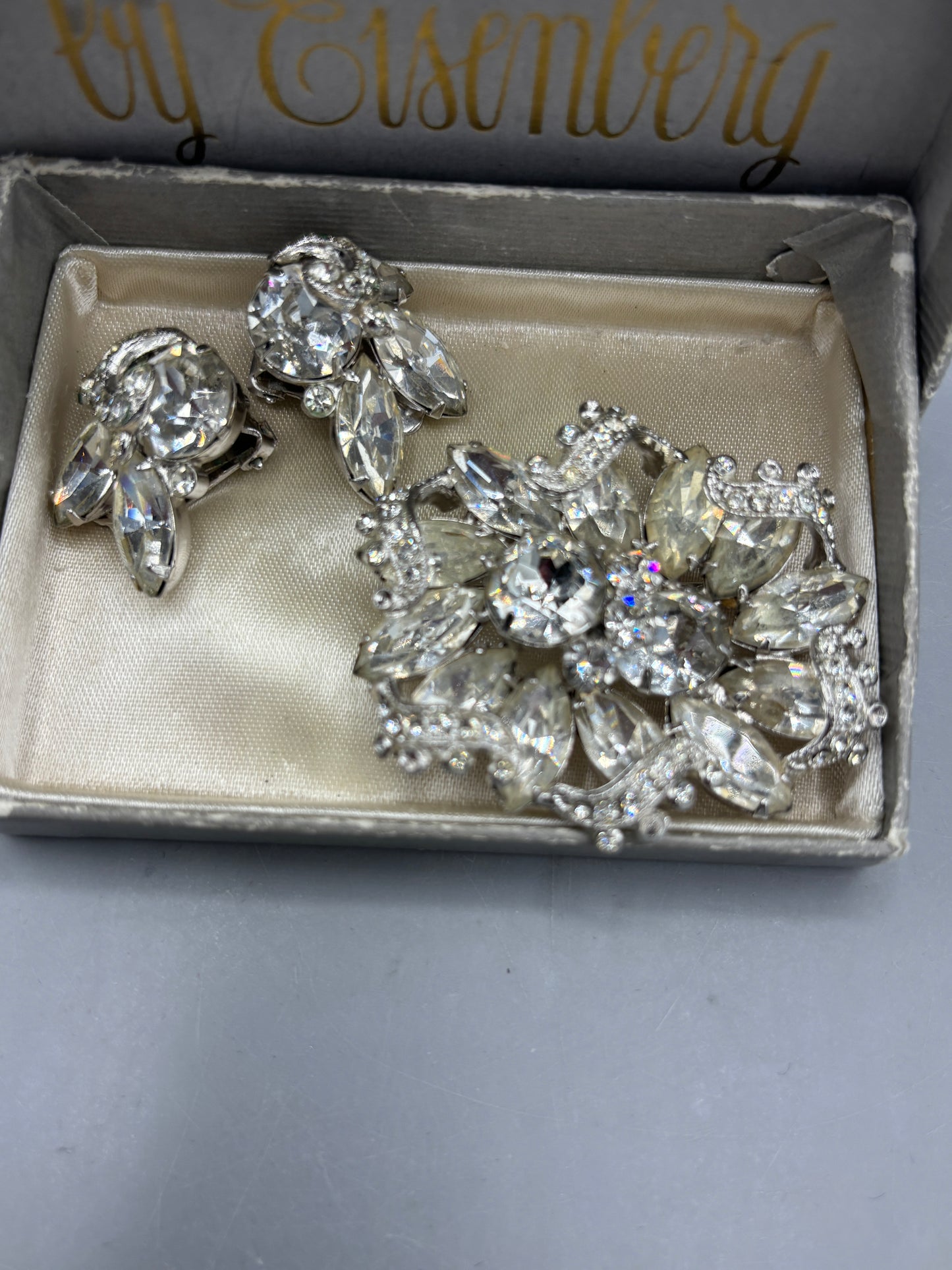 Eisenberg silver tone rhinestone brooch & clip on earrings