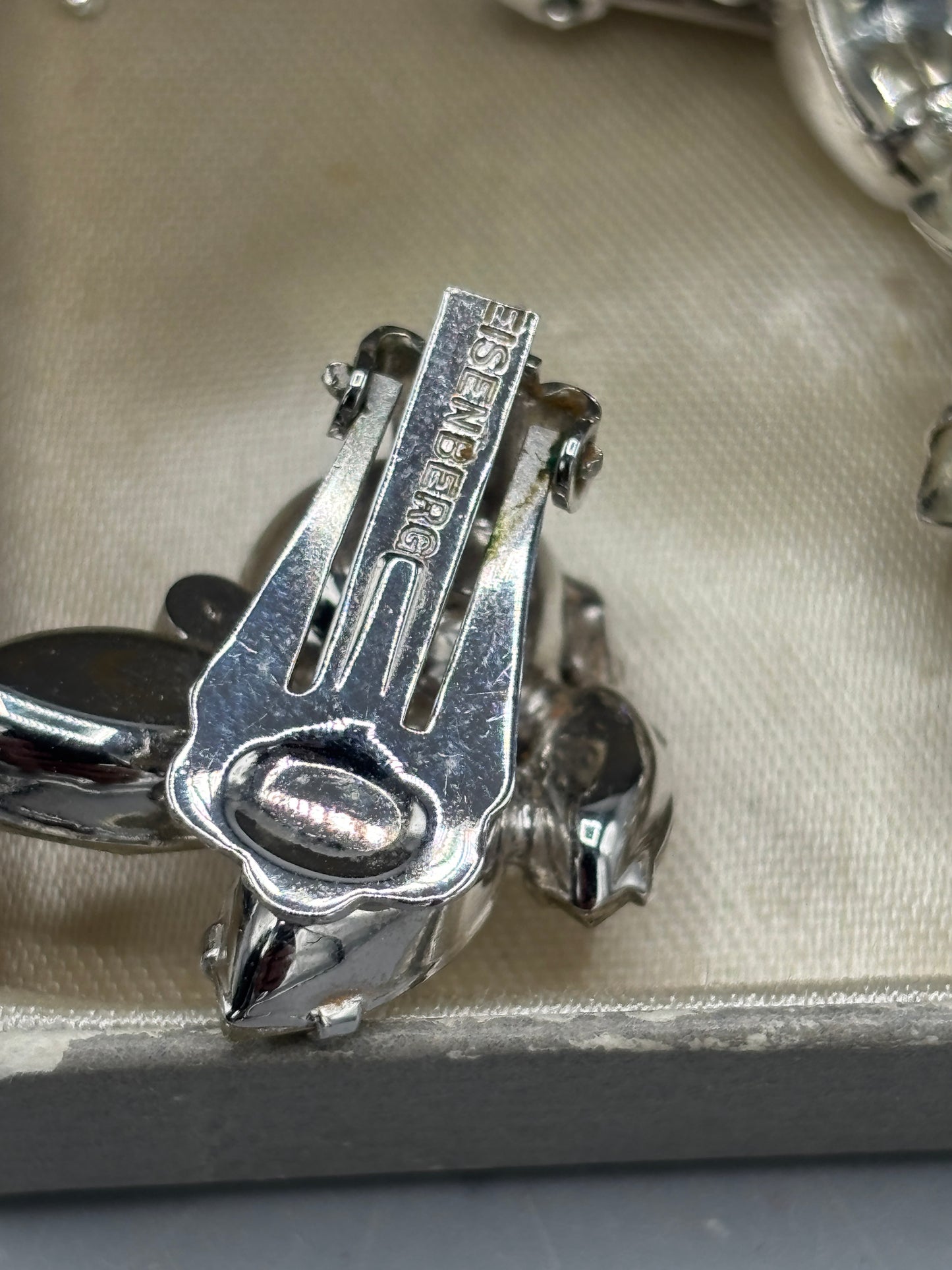 Eisenberg silver tone rhinestone brooch & clip on earrings