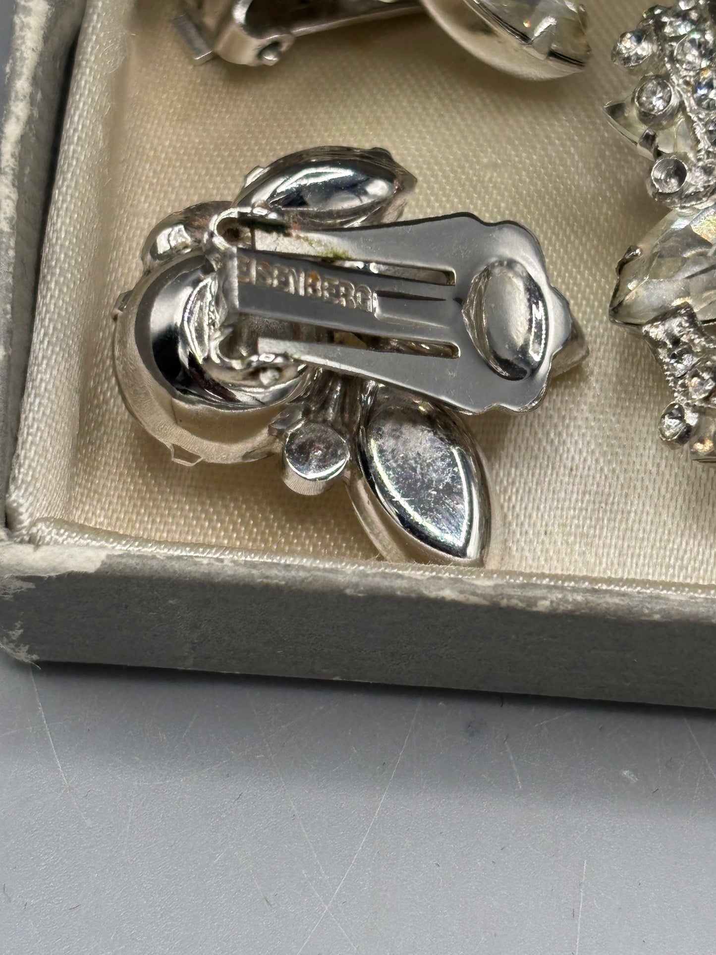 Eisenberg silver tone rhinestone brooch & clip on earrings