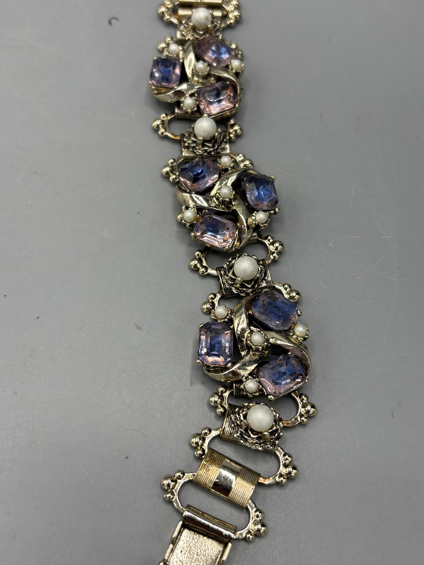 Vintage silver tone bracelet with purple stones & faux pearls