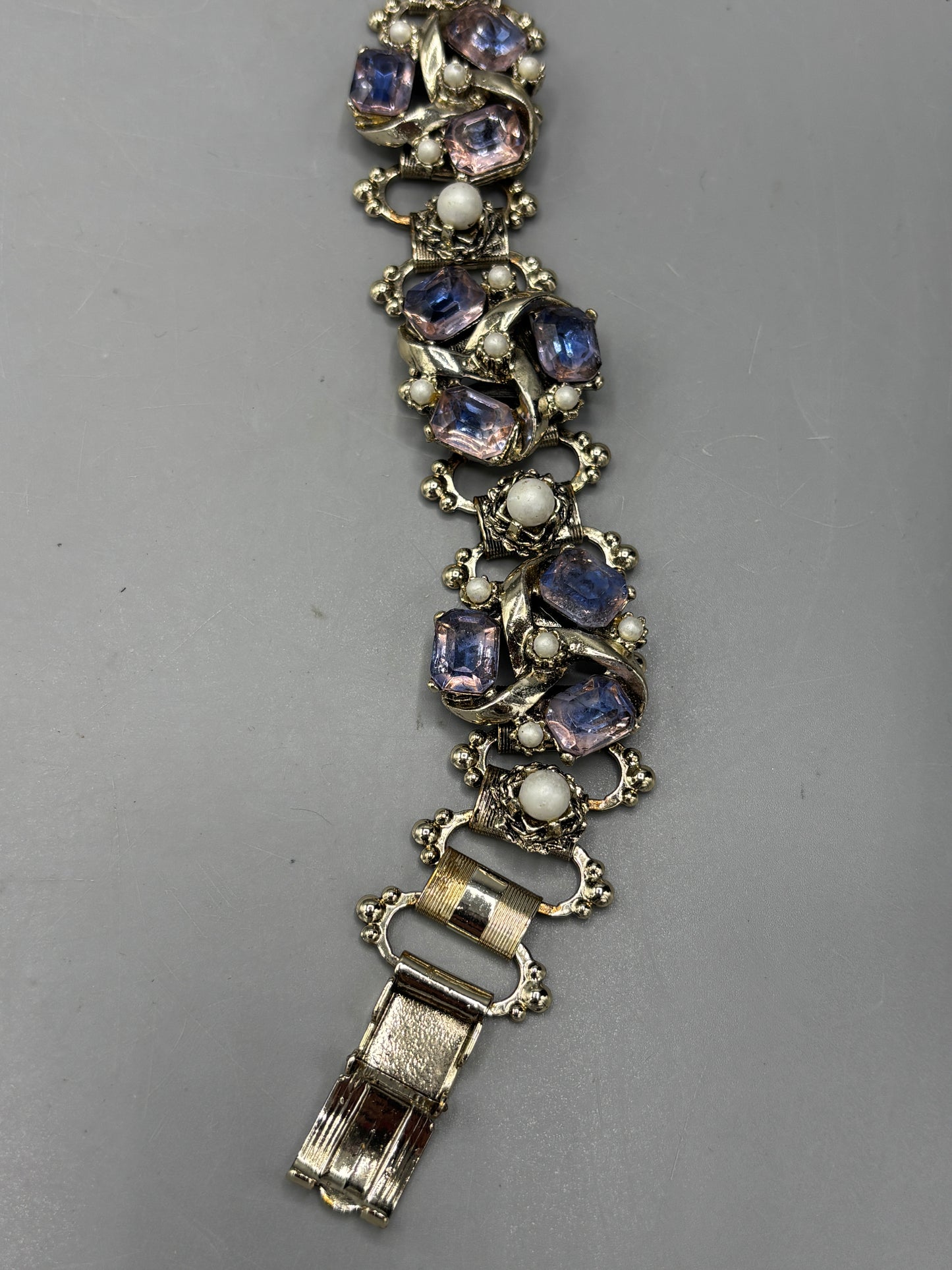 Vintage silver tone bracelet with purple stones & faux pearls