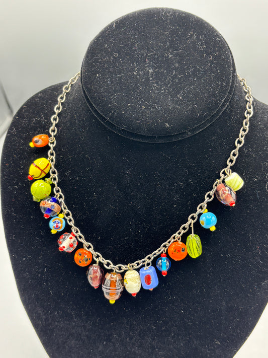 Colorful glass charm silver chain