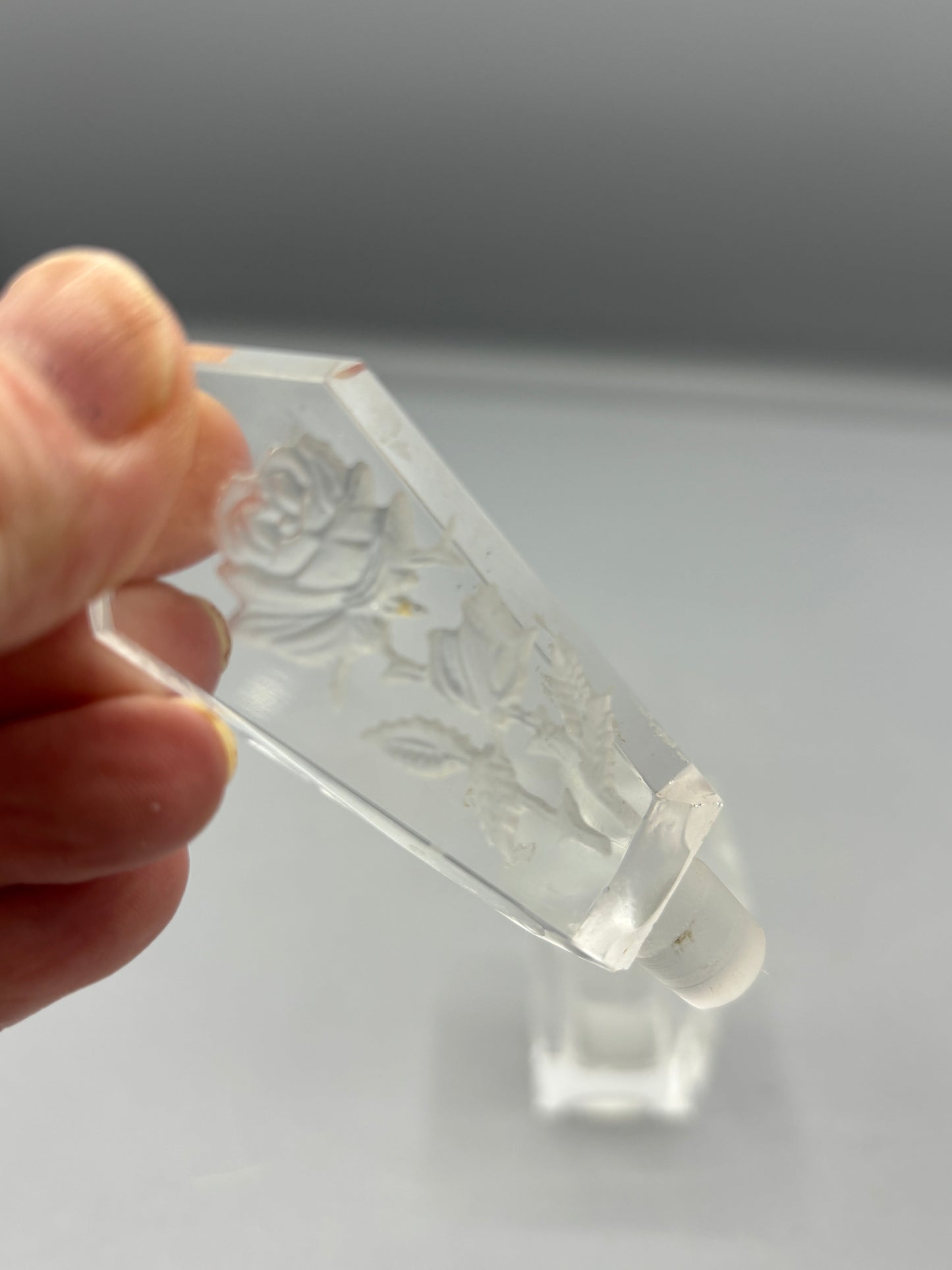Vintage hand blown perfume bottle etched with roses