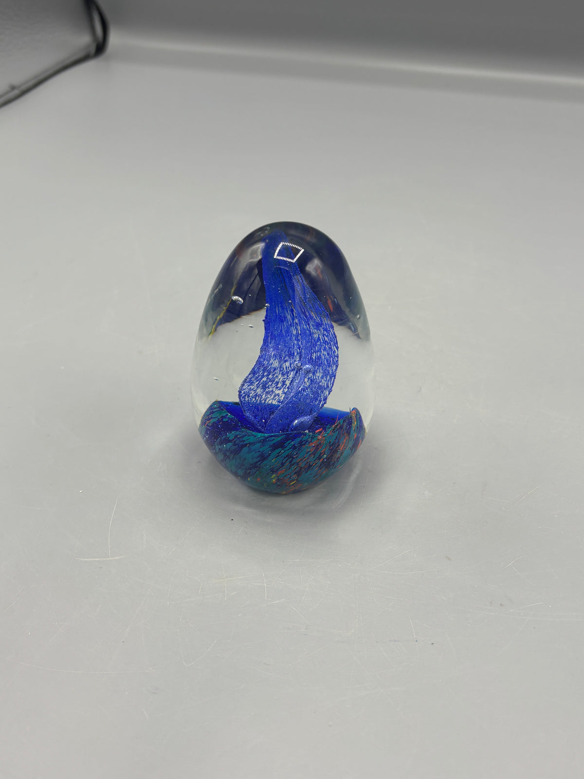 Art glass blue egg with flame