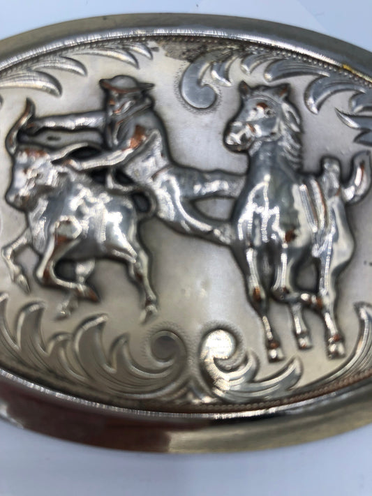 Western Belt Buckle with Bull, Cowboy and Horse