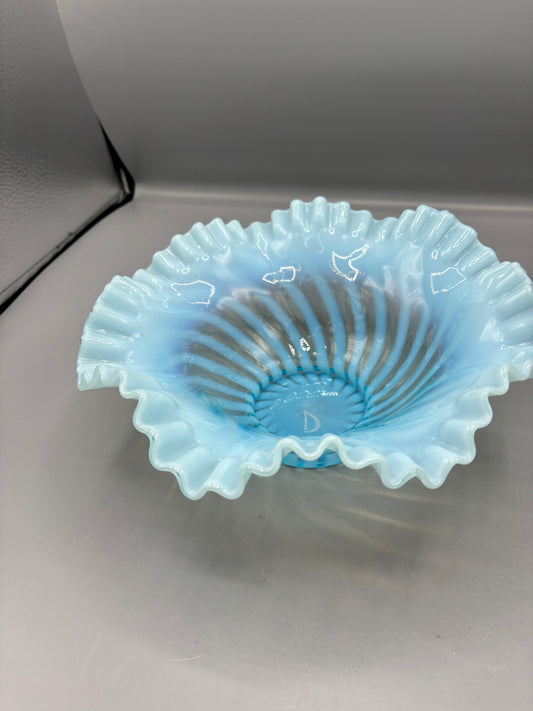 Vintage Fenton blue opalescent spiral optic bowl