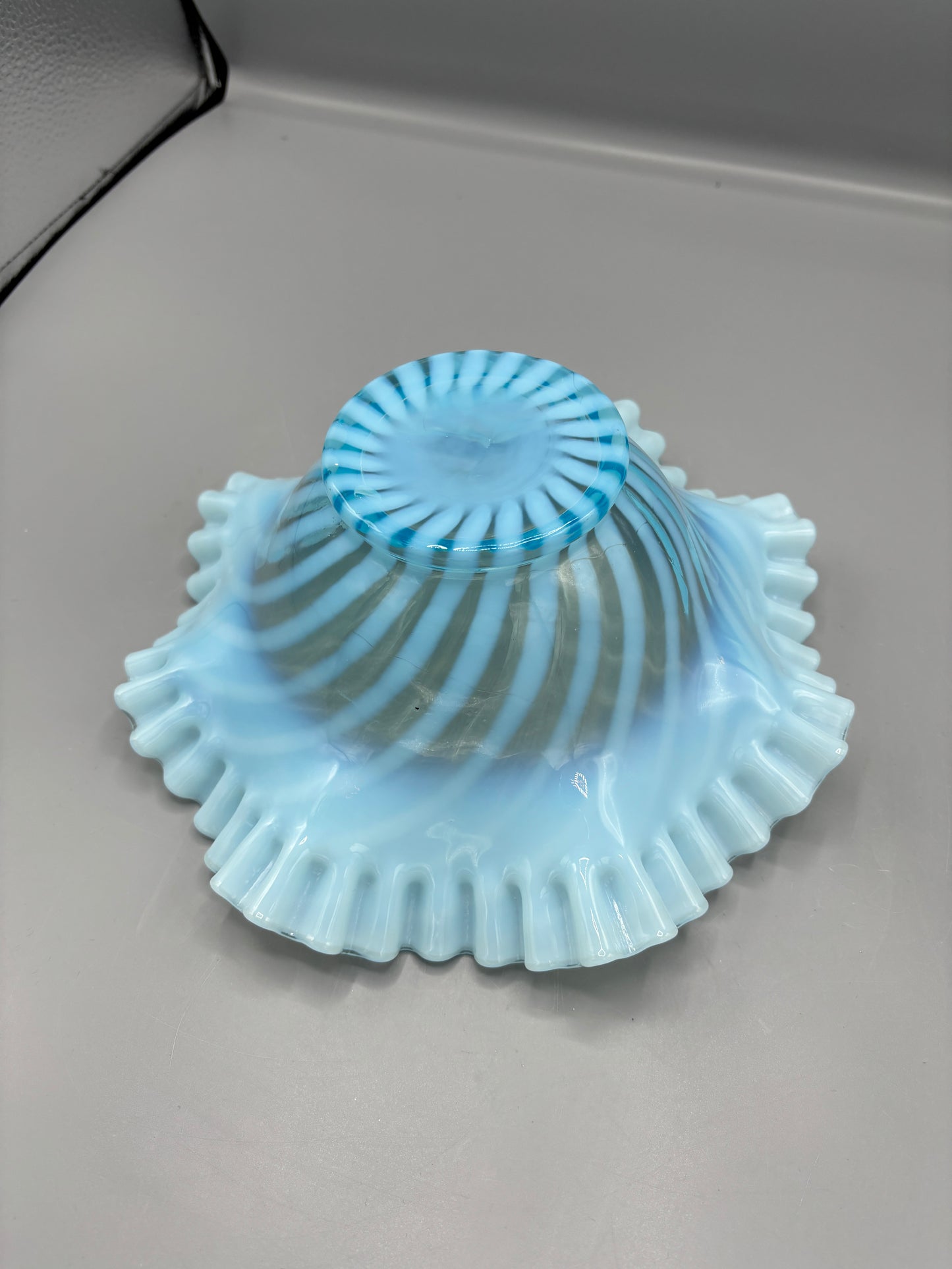 Vintage Fenton blue opalescent spiral optic bowl