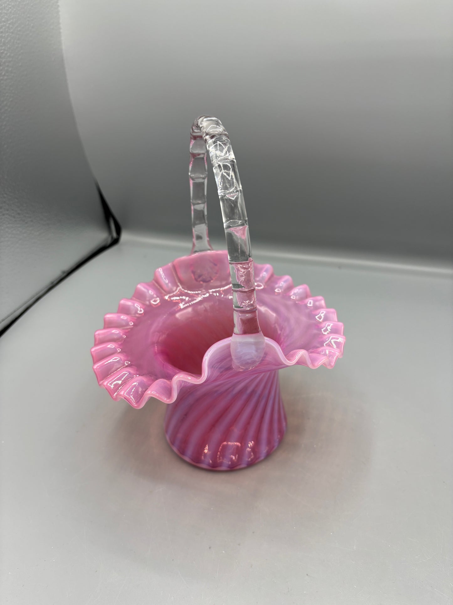 Vintage Fenton art glass Cranberry opalescent swirl basket