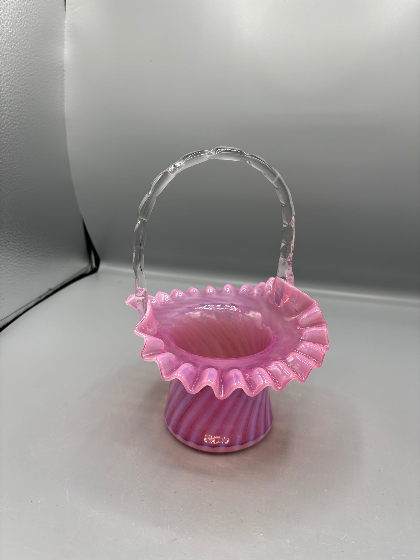 Vintage Fenton art glass Cranberry opalescent swirl basket