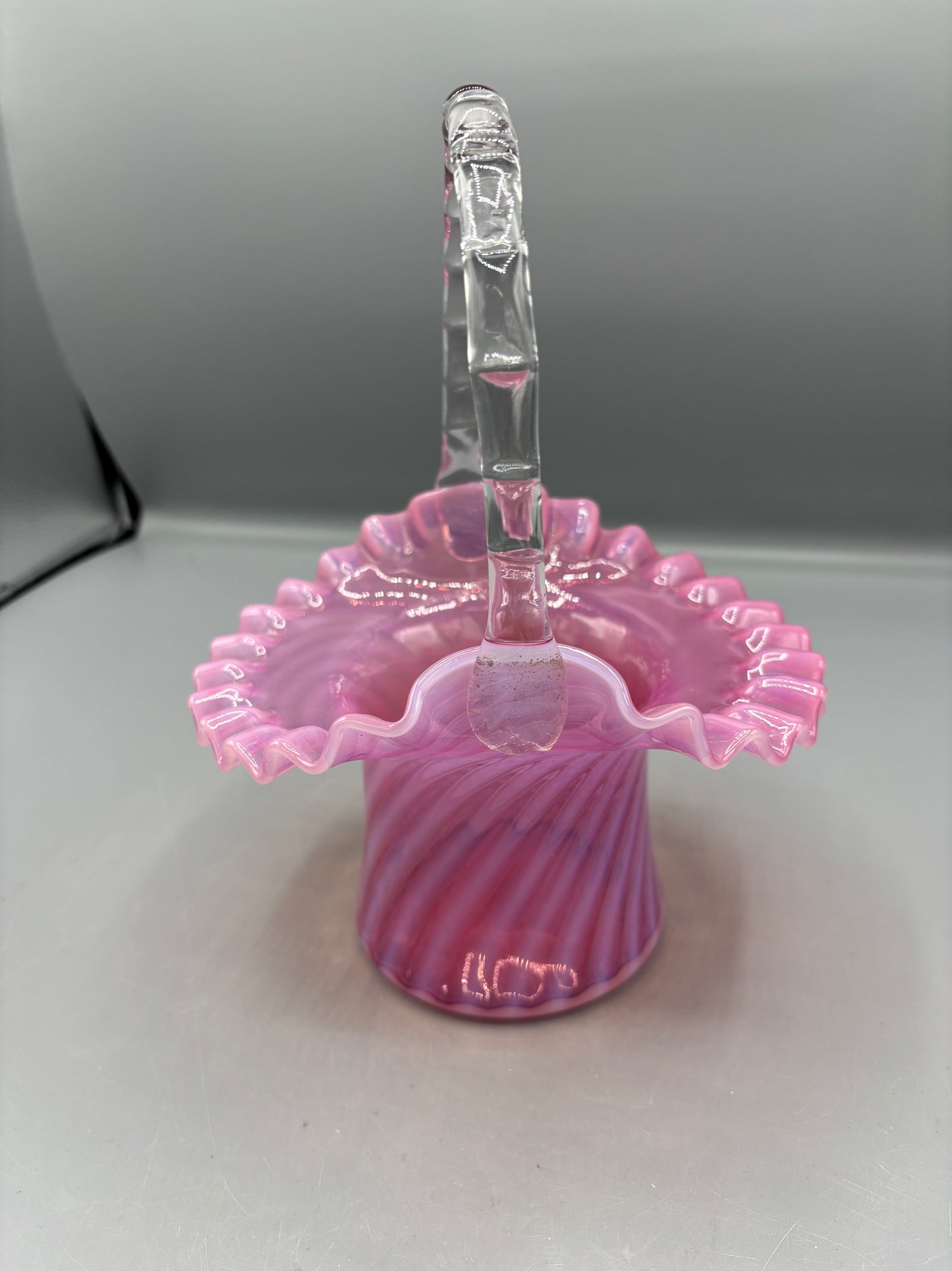 Vintage Fenton art glass Cranberry opalescent swirl basket