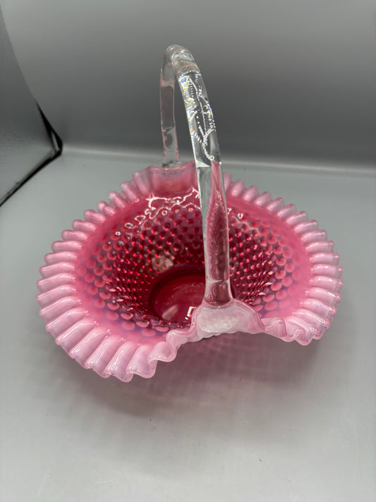Vintage Cranberry Fenton opalescent hobnail basket